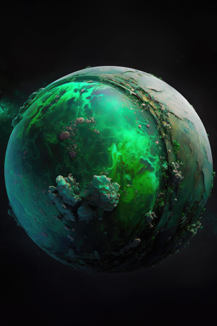 Planet with green water and surface