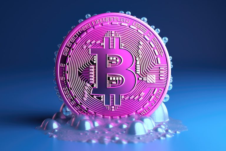 Pink bitcoin logo on blue background