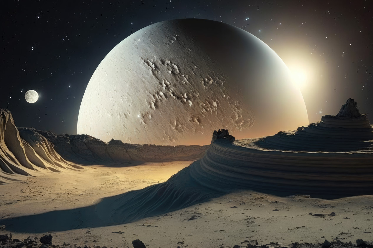 Big white planet rising over the planet