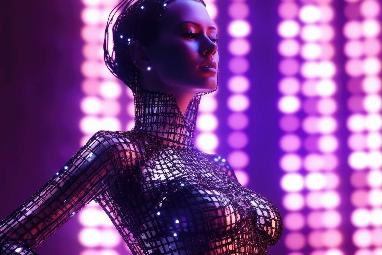 Girl in mesh suit on violet background