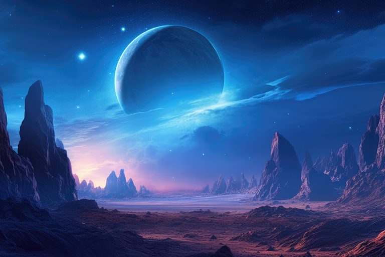 Purple planet landscape with blue moon