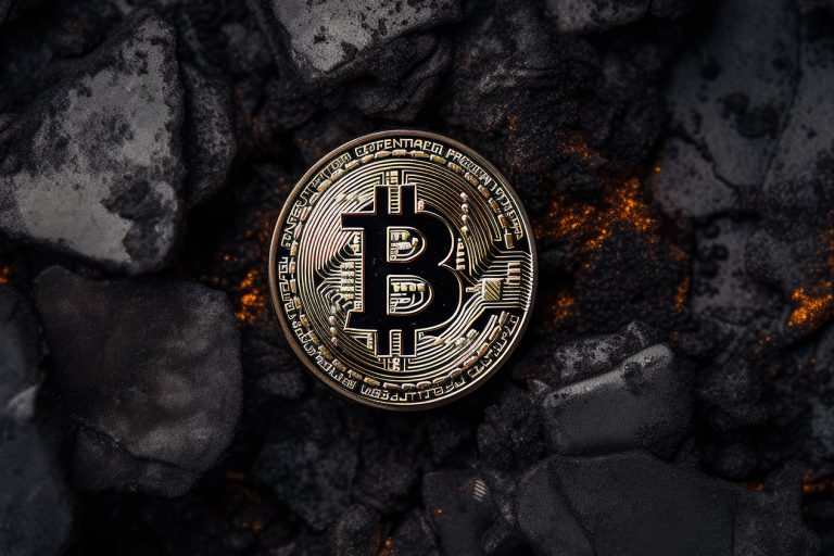 Bitcoin logo in burned coal