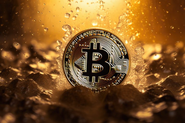 Bitcoin in golden water background