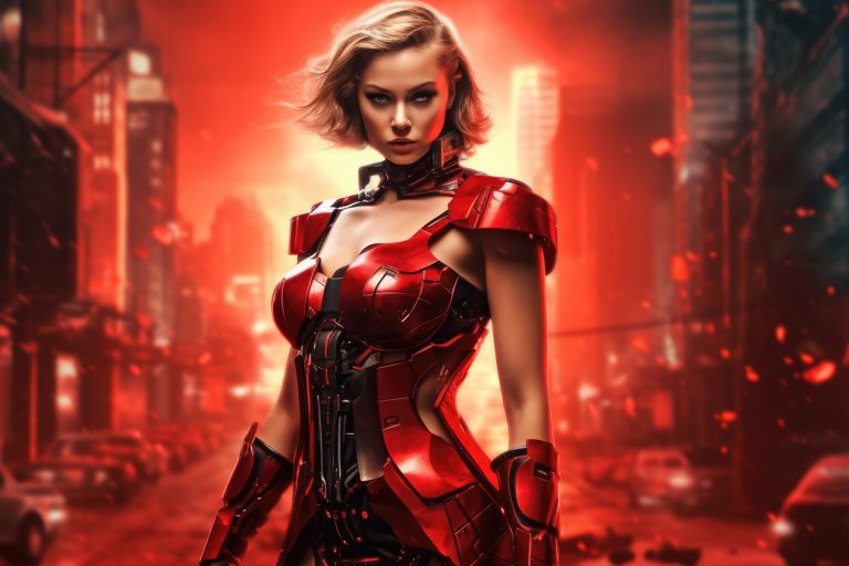 Woman in red metal suit on fire city background