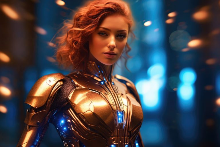 Red head girl in golden metal suit with blue lights