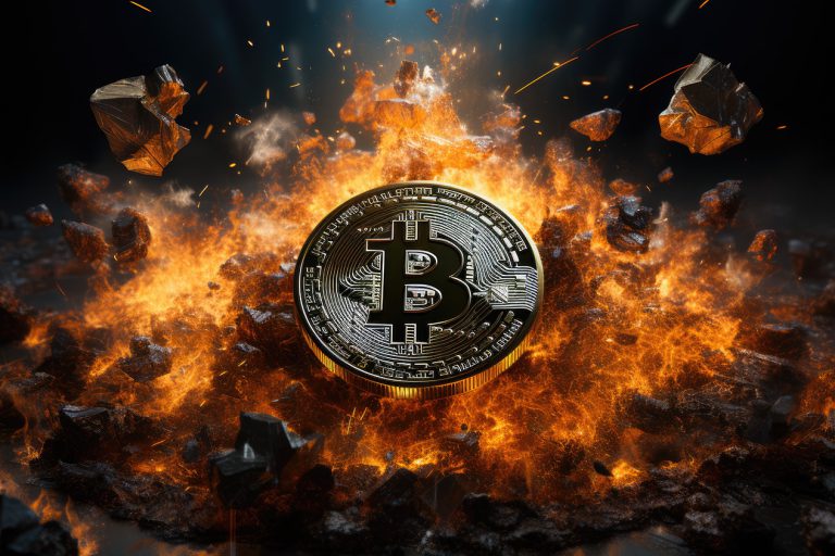 Bitcoin logo in shattered fire