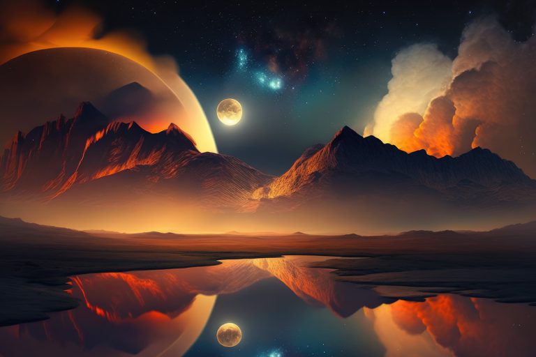 Night planet landscape with lake, mountains and moon