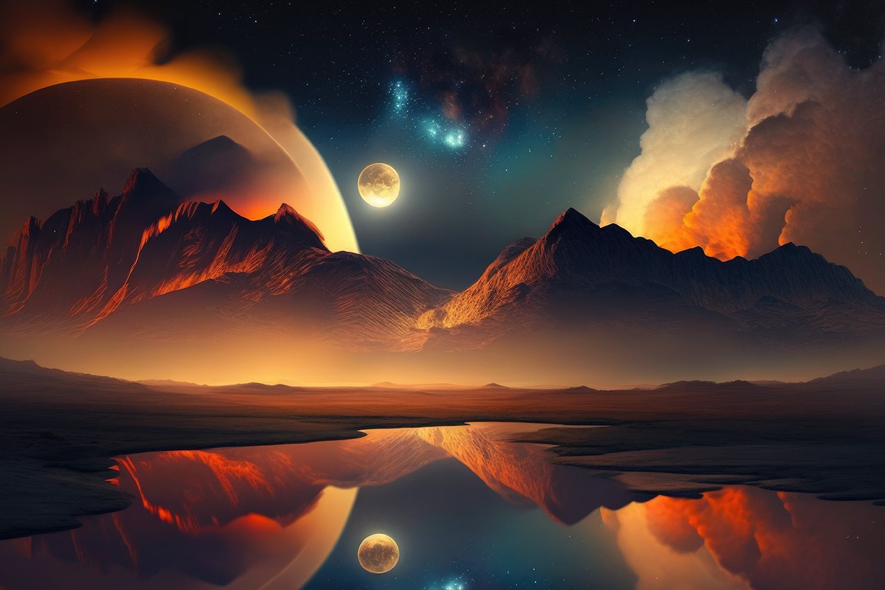 Night planet landscape with lake, mountains and moon