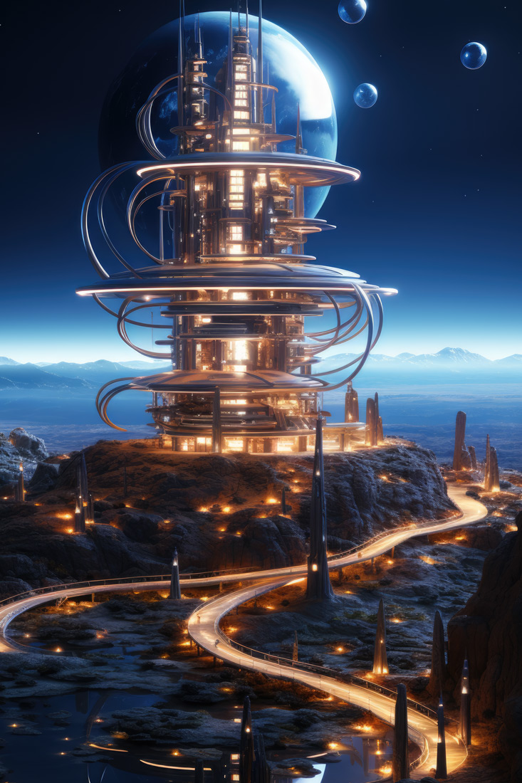 Futuristic tower with lights at night