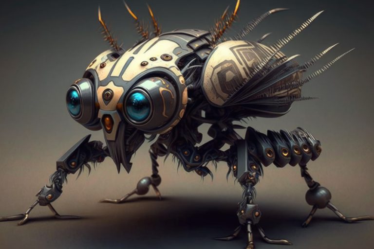 Gray and golden metal robot bug