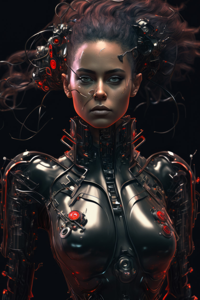 Girl warrior in black and red metal suit