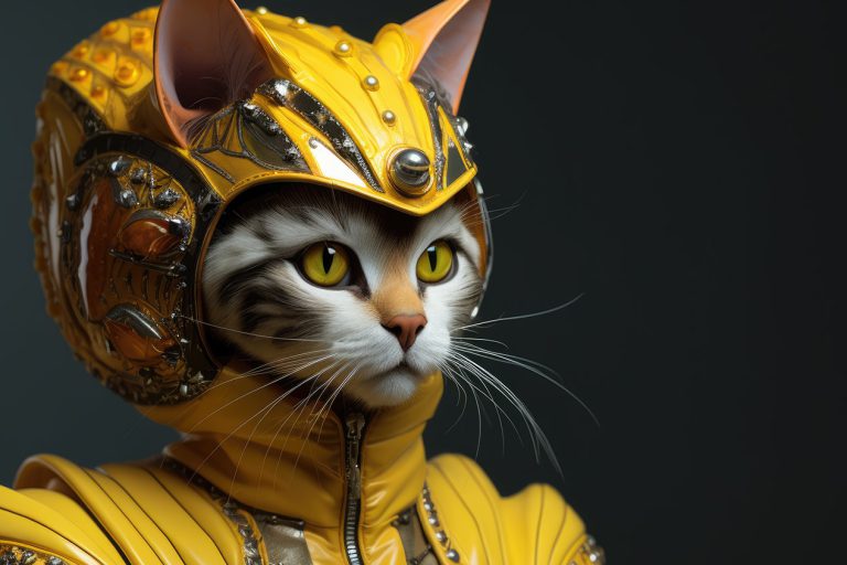 Cat in yellow leather suit and helmet