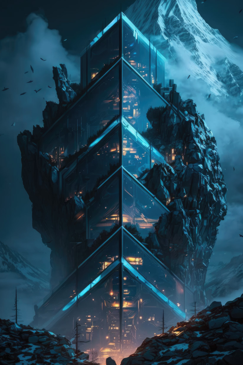 Huge blue glass futuristic tower