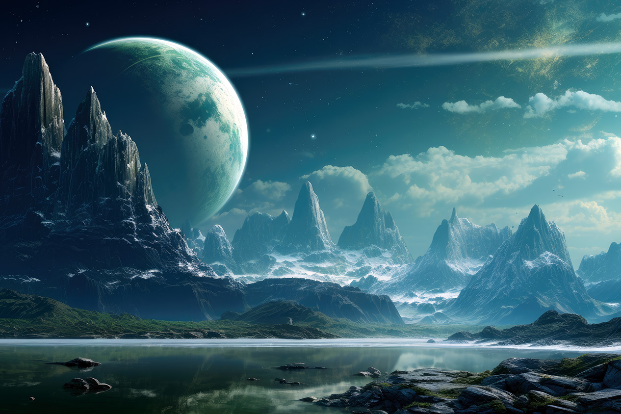 Fantasy green planet landscape with lake