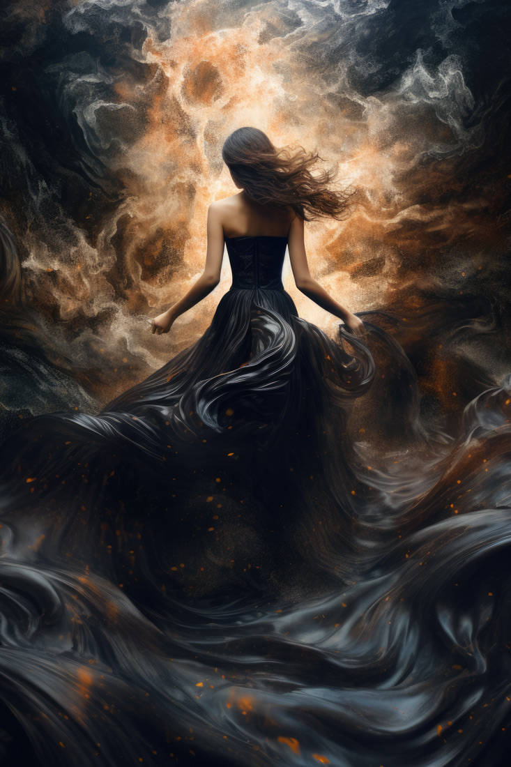 Woman with black waved dress in fog