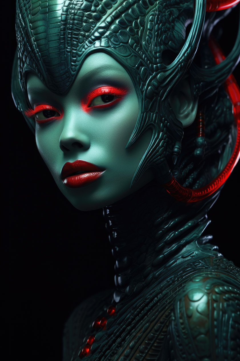 Alien girl with green skin and red lips