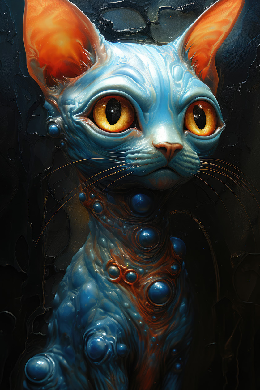 Strange blue alien cat with big orange eyes