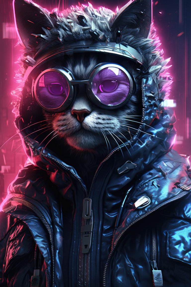 Cyberpunk cat in glasses on neon background