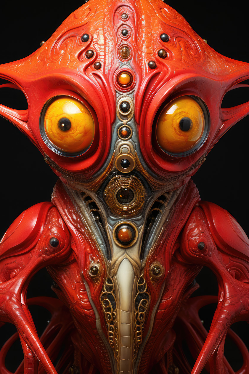 Strange red alien with big eyes