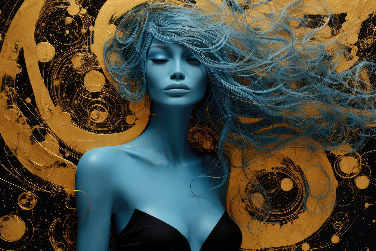 Girl with blue skin on golden ornament background