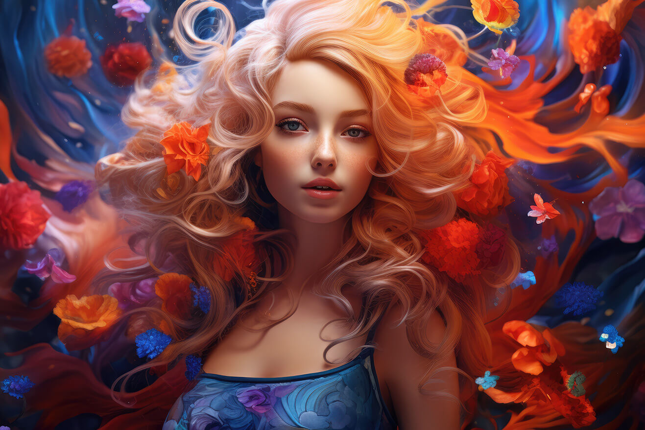 Orange girl in flowers beautiful illustration