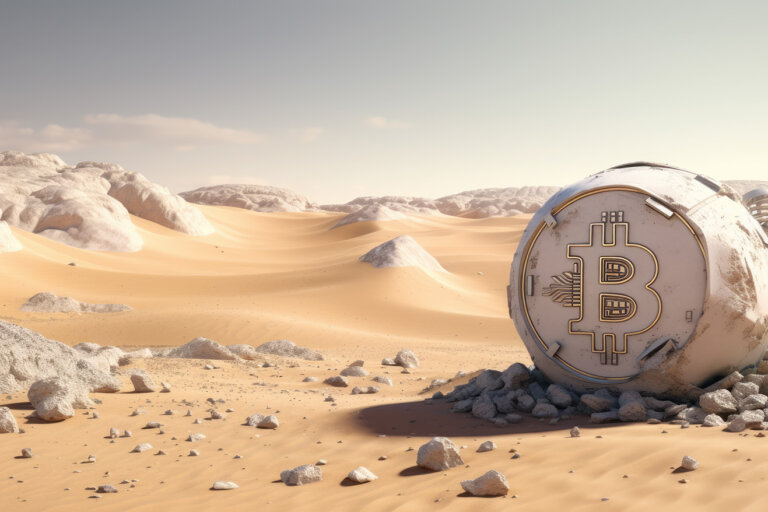 White stone bitcoin object in desert