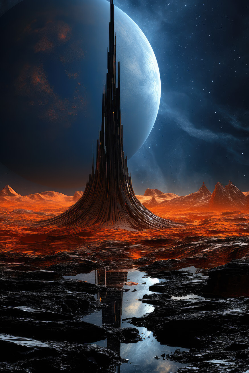 Huge dark tower on orange planet surface, big blue planet