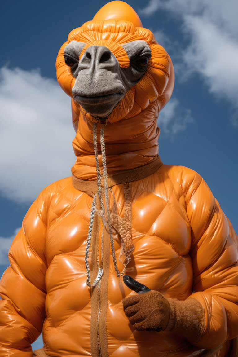 Giraffe humanoid in orange jacket