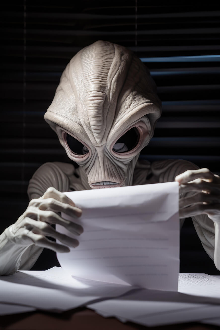 Alien holding sheet of paper