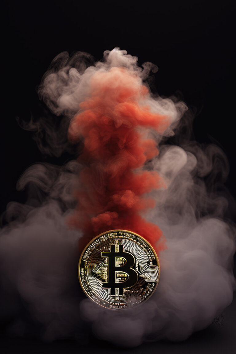 Bitcoin in gray and red smoke