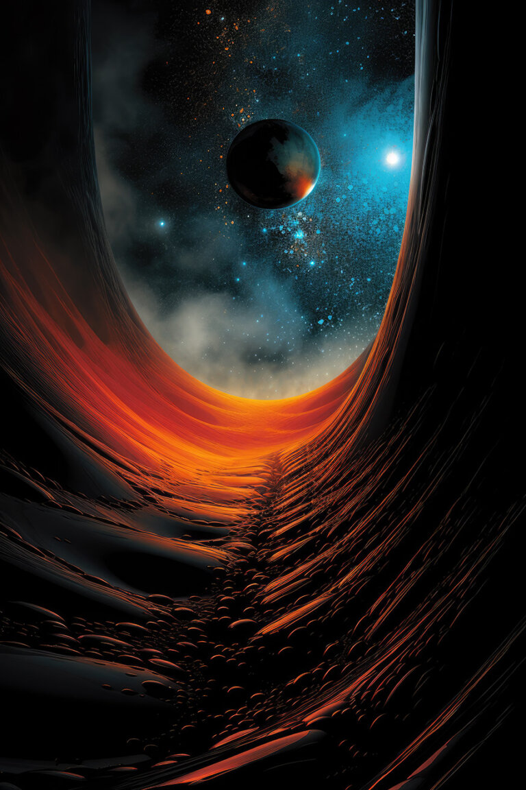 Planet in space seen through surface tunnel