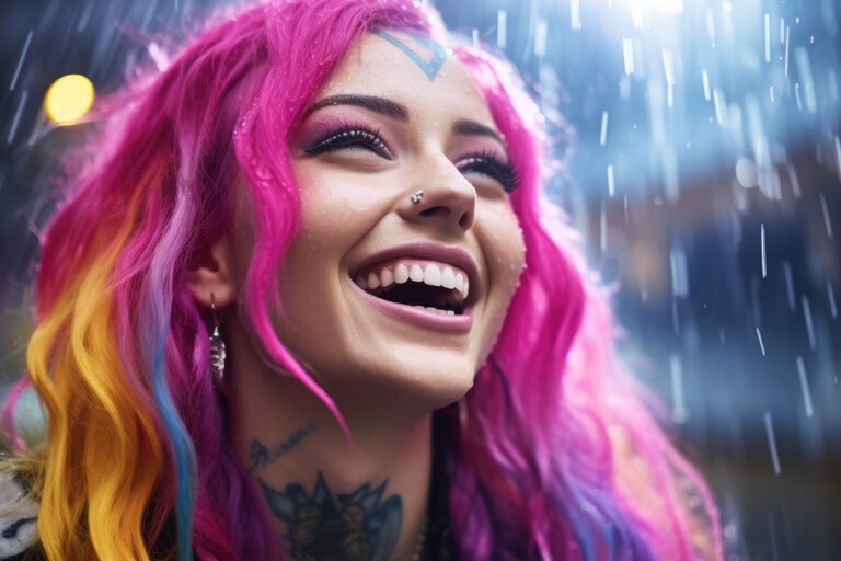 Smiling girl with vibrant pink hair