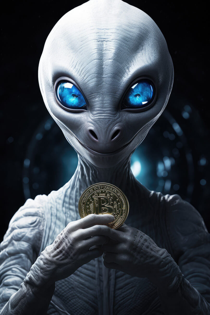 Alien with blue eyes holding bitcoin