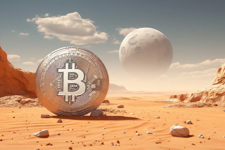 Big silver bitcoin sphere on some planet