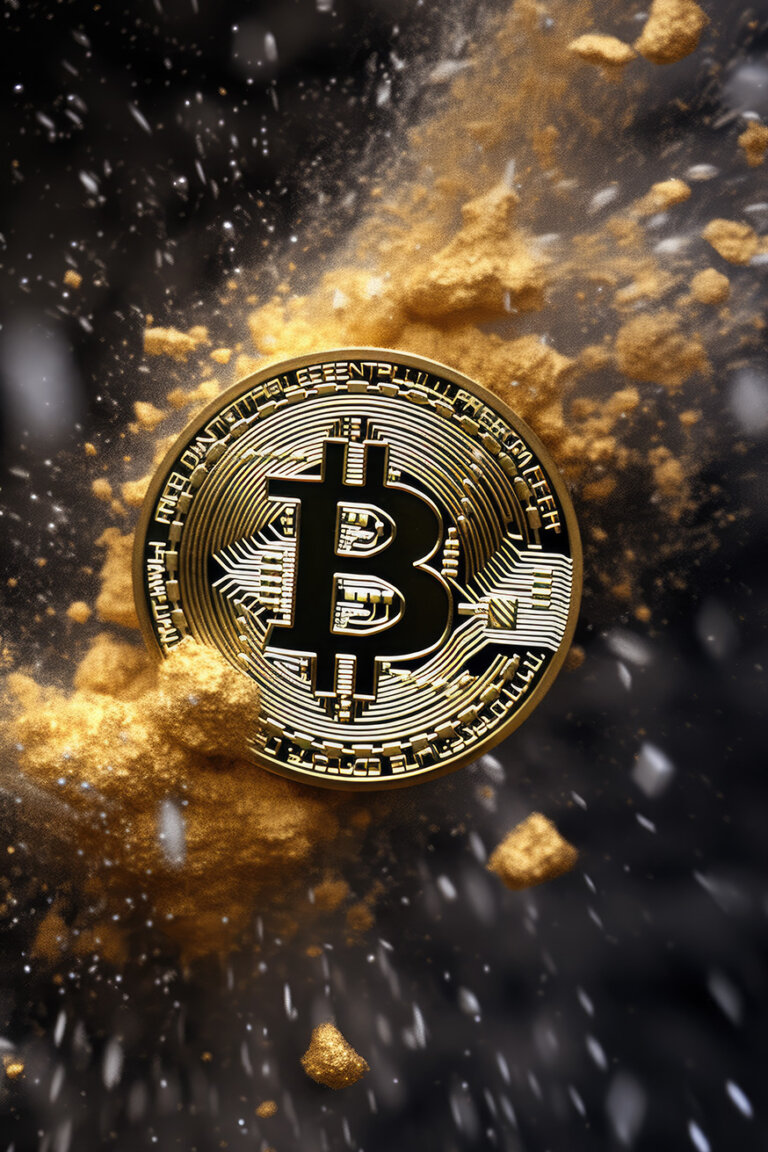 Golden bitcoin on explosion background