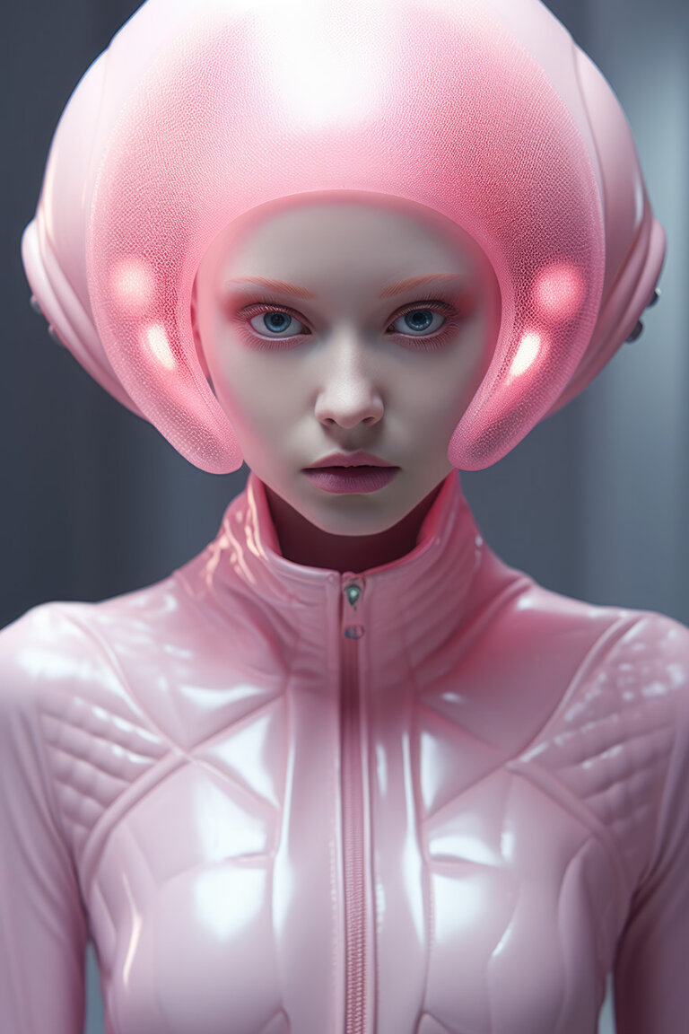 Girl in strange pink helmet