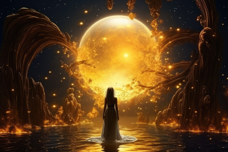 Woman looking at huge orange sun in dark waters