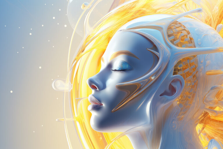 Fantasy girl with blue skin and golden background