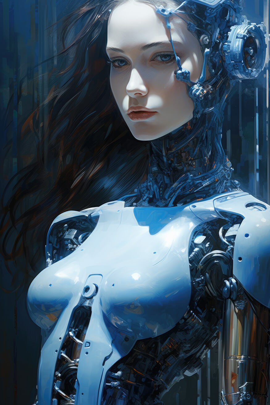 Robotic girl in blue metal suit