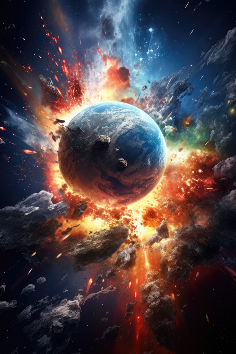 Blue planet in space in fire explosion