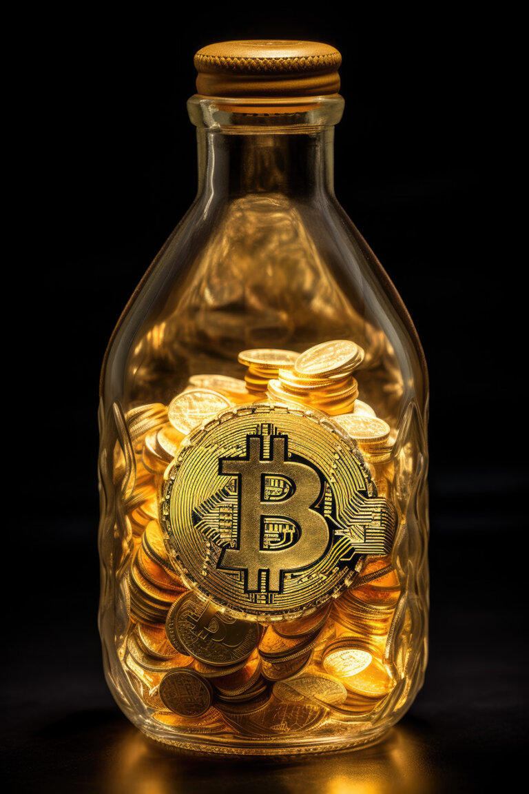 Golden Bitcoins in glass bottle