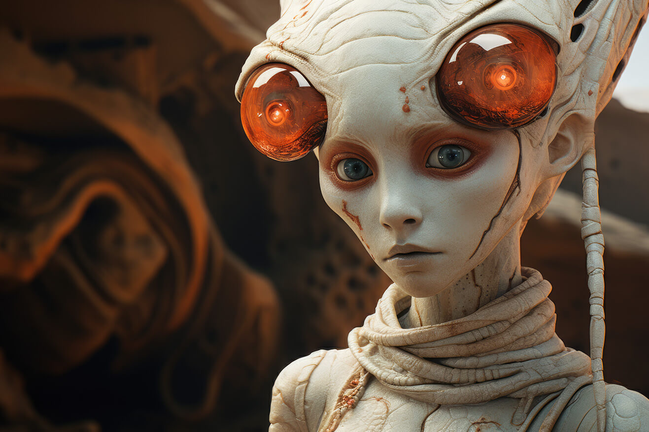 White alien woman with orange spheres in head