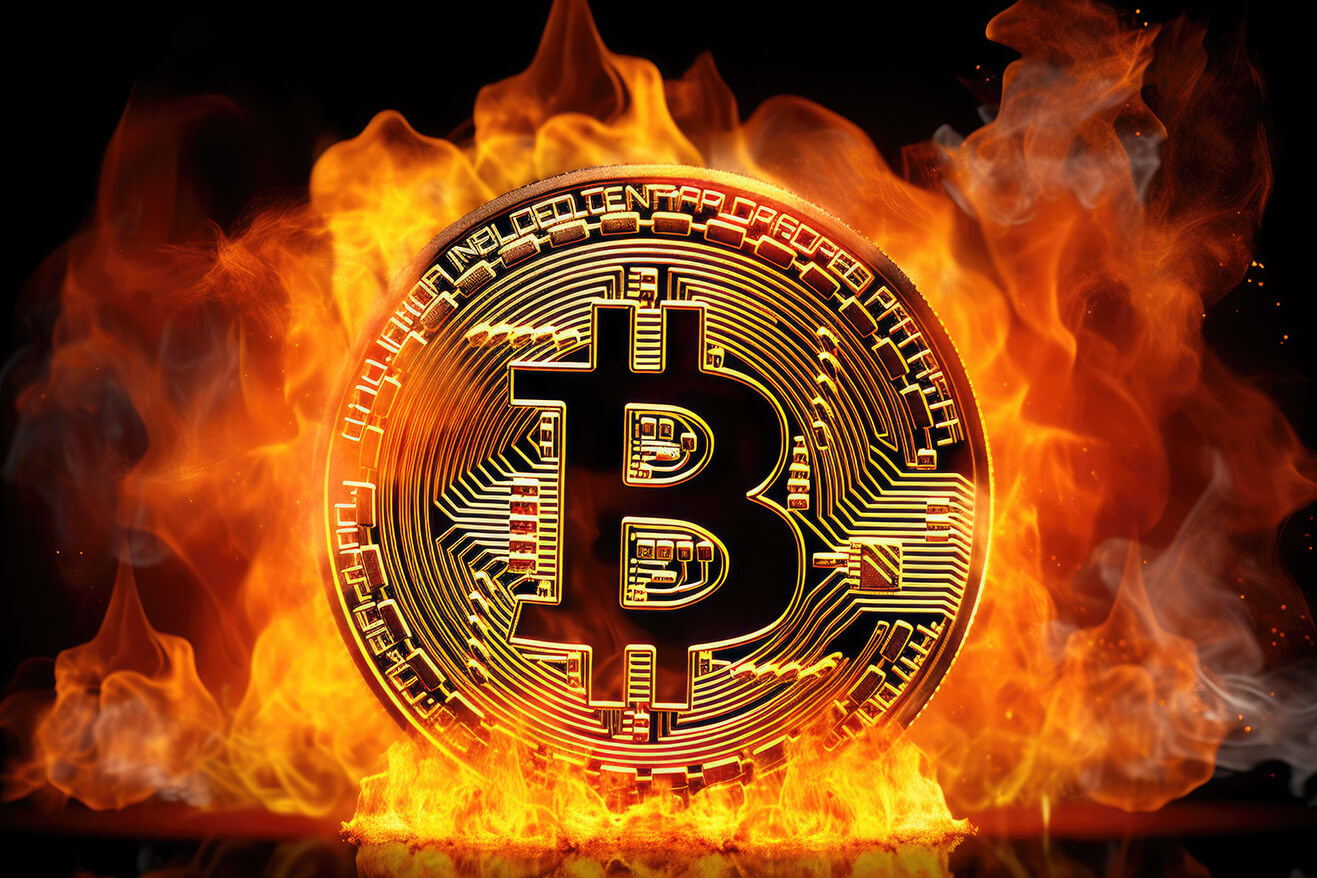 Golden bitcoin in the fire