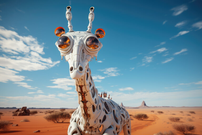 Funny giraffe robot in desert