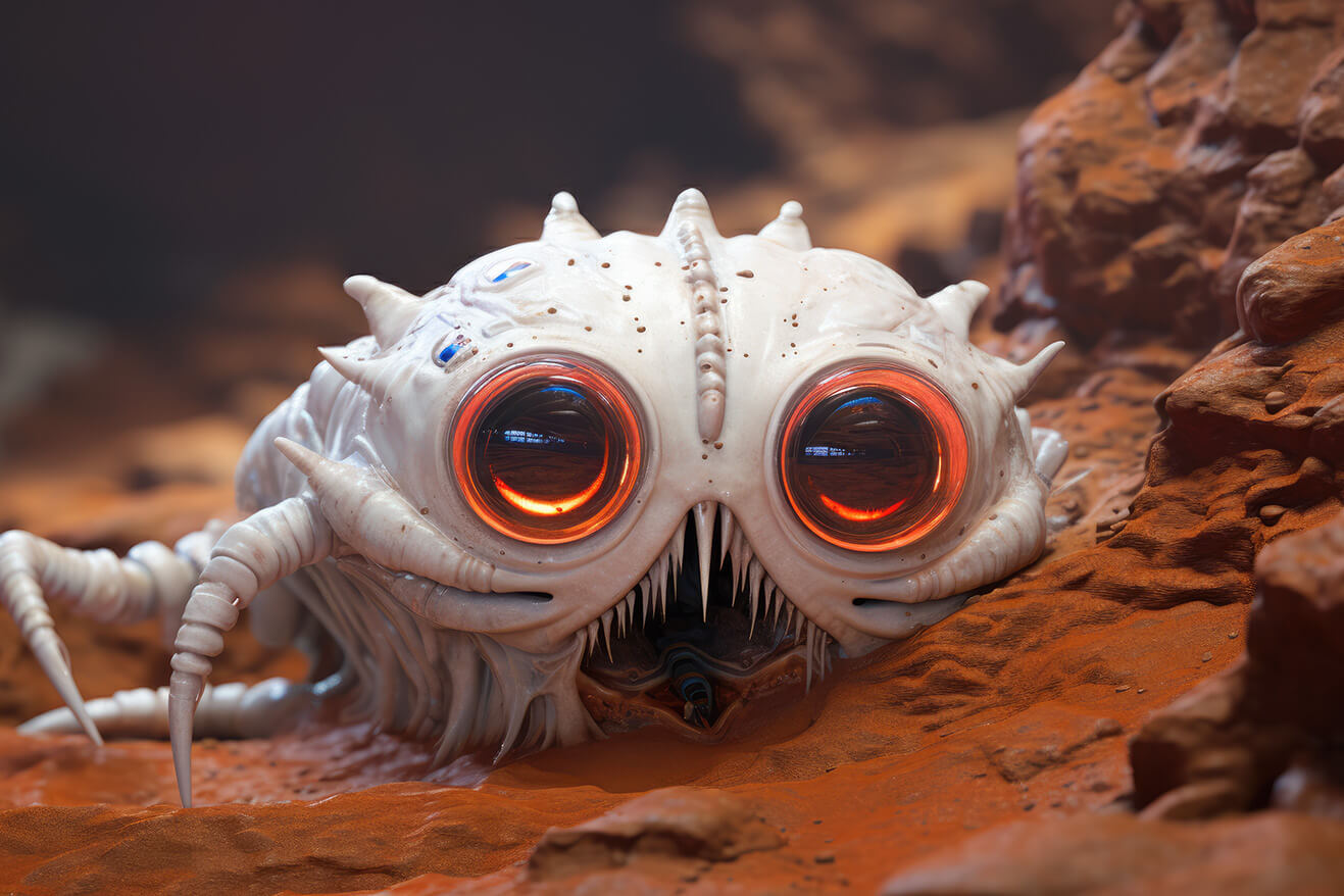 White alien robot worm with big eyes