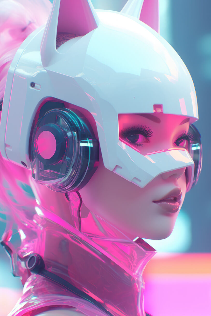 Girl in futuristic white helmet in purple colors