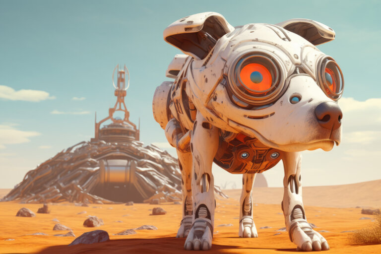 Funny white dog robot on some planet