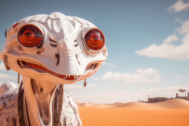 Funny white robot in desert