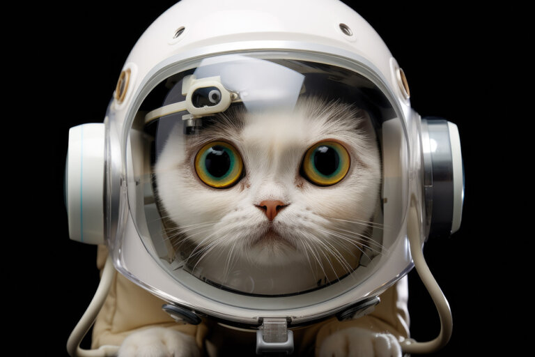 White cat in transparent helmet