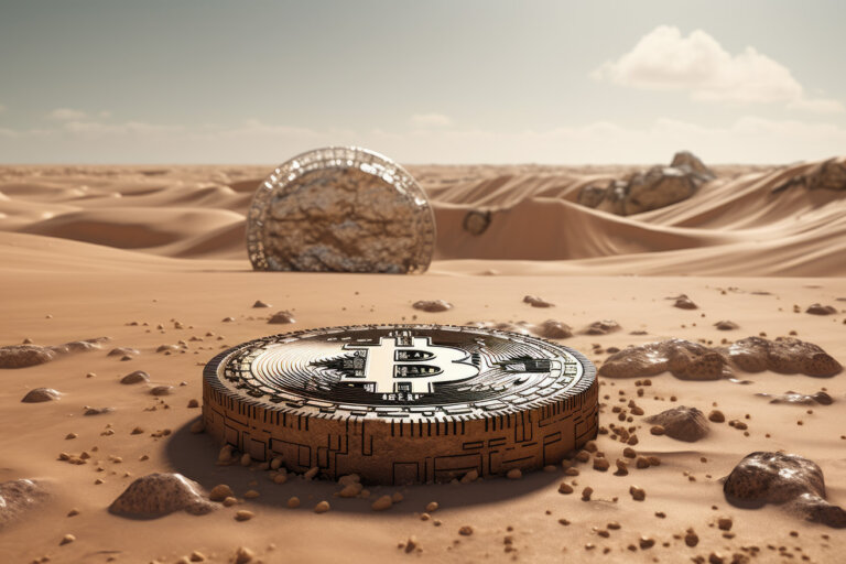 Metal bitcoin object in desert